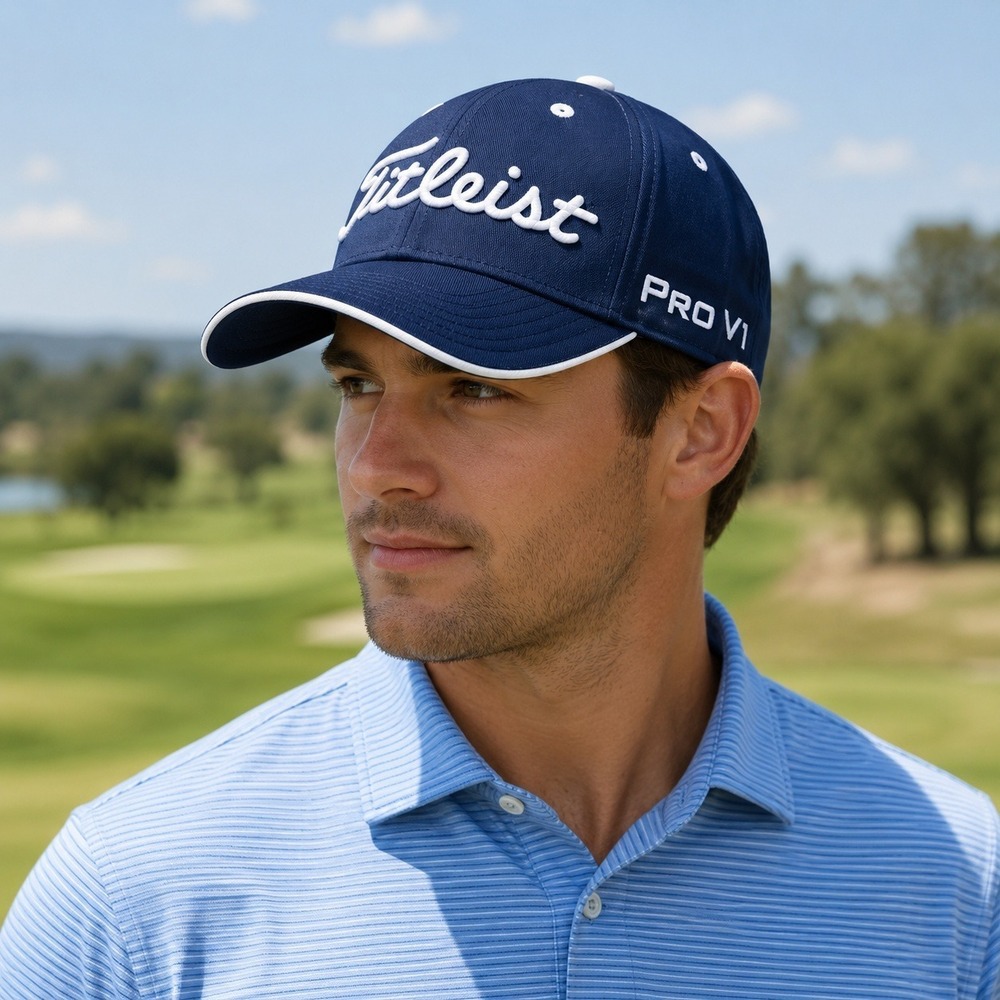 Titleist Mens Golf Hat Pro V1 FootJoy Navy White Strapback Buckle Cotton OSFA